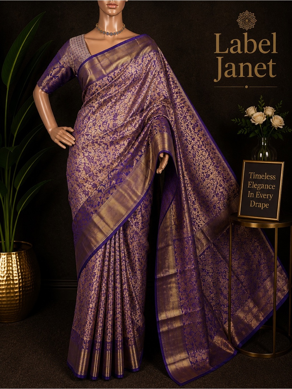 Purple and Gold Woven Kanjipuram silk saree with stitched blouse (Brand New)